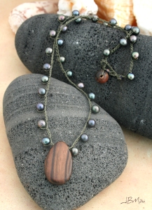 Olive Green Pearl and Tiger Ebony Wood Crocheted Necklace
