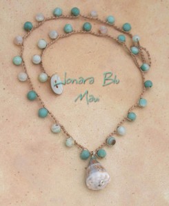  Aqua Blue Beach Cone Shell Crocheted Necklace