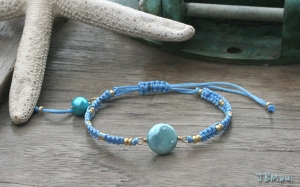 Beachy Summer Coin Pearl Macrame Friendship Bracelet - Aqua and Blue Beach Boho