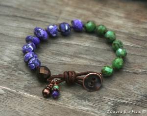 Green and Purple Knotted Bracelet with Leather Clasp