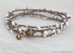 Cocoa Brown Crocheted Tiger Puka Shell Wrap Bracelet or Anklet - Beach Hippie Chic