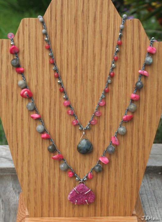 Pink and gray bohemian crocheted necklace layers